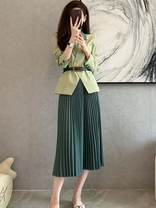 Women Formal 2 Pieces Sets Korean Office Long Sleeve Blazer Coats Tops