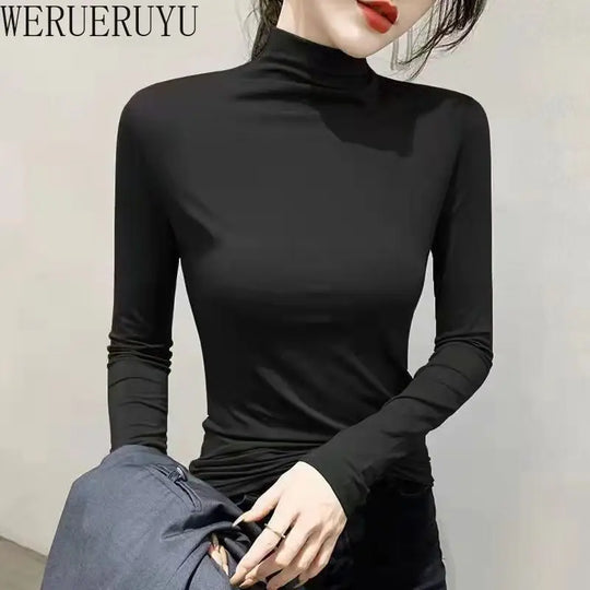 Black Turtleneck T-shirt Long Sleeve Tops Women Y2k Clothes Autumn