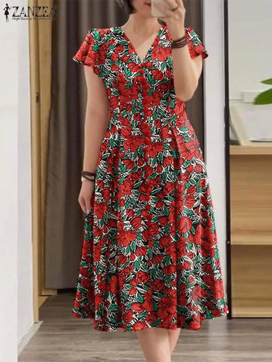 ZANZEA Elegant Women Floral Print Midi Dress Summer 2025 Casual