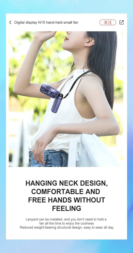 1800mAh Handheld Mini Fan Foldable Portable Neck Hanging Fans 5 Speed USB Rechargeable Fan with Phone Stand and Display Screen