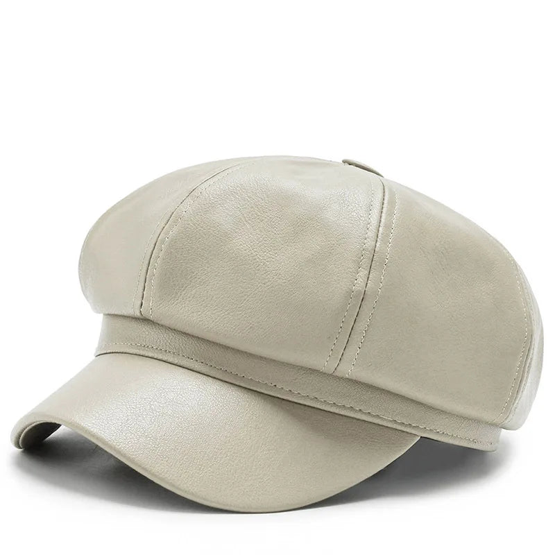 Women Men PU Leather Berets Hat Retro British Solid Beret Baseball Cap Outdoor Sun Hat Winter Warm Octagonal Hats Newsboy Caps