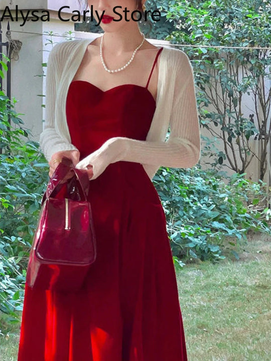 2022 Summer French Vintage Strap Dress Women Red Elegent Korean Party
