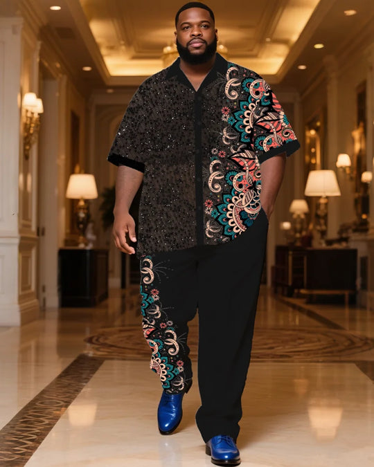 S-9XL Men's Large Size Sequined Floral Print Short Sleeve Shirt and Long Pants Two-Piece Set