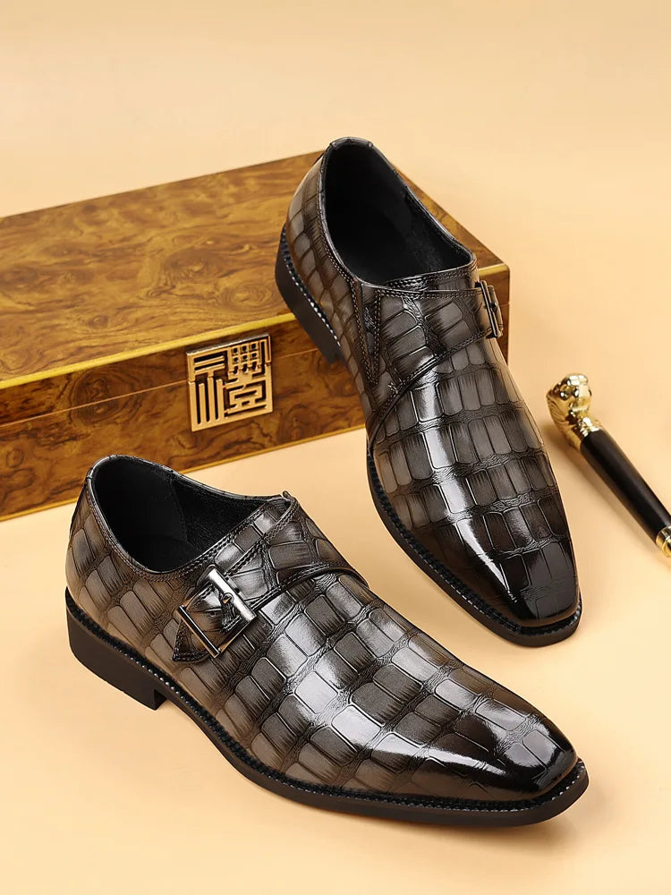 Gentleman Monk Strap Loafers Men's Crocodile Pattern Belt Buckle Leather Shoes Designer Formal Wedding Dress Homecoming Footwear