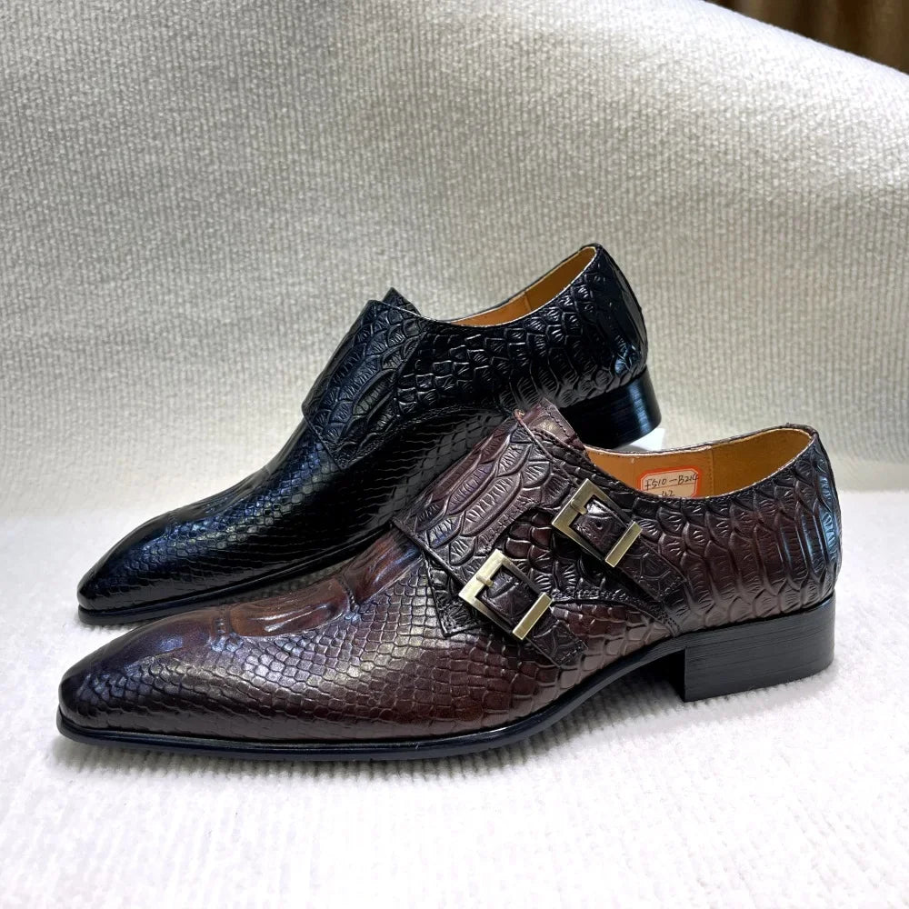Men's Italian Genuine Leather Formal Oxford Shoes Python Crocodile Pattern Button Detailing for Office Party Wedding Footwear