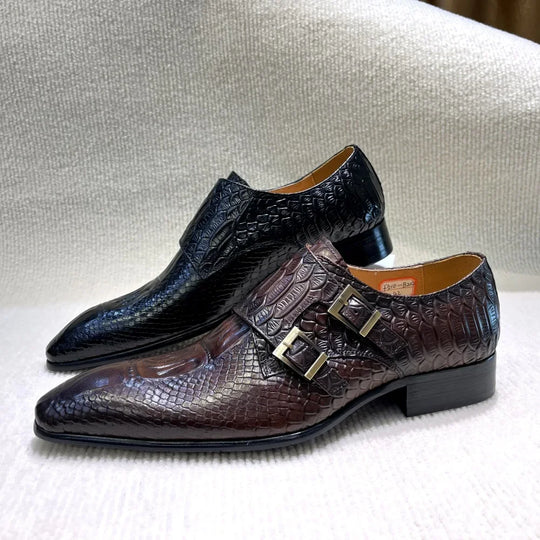 Men's Italian Genuine Leather Formal Oxford Shoes Python Crocodile Pattern Button Detailing for Office Party Wedding Footwear