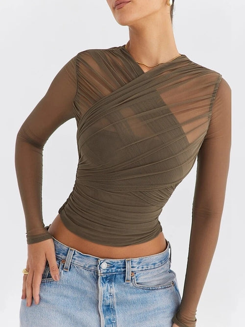 Mozision Sheer Mesh Long Sleeve Sexy T-shirt Women Autumn New V