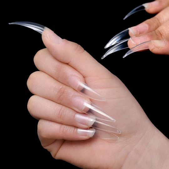 600Pcs Curved Eagle Hook Shape Fake Nail Tips 10 Size Half Cover Acrylic False Nails Clear Natural Long Sharp Stiletto Nail Tips