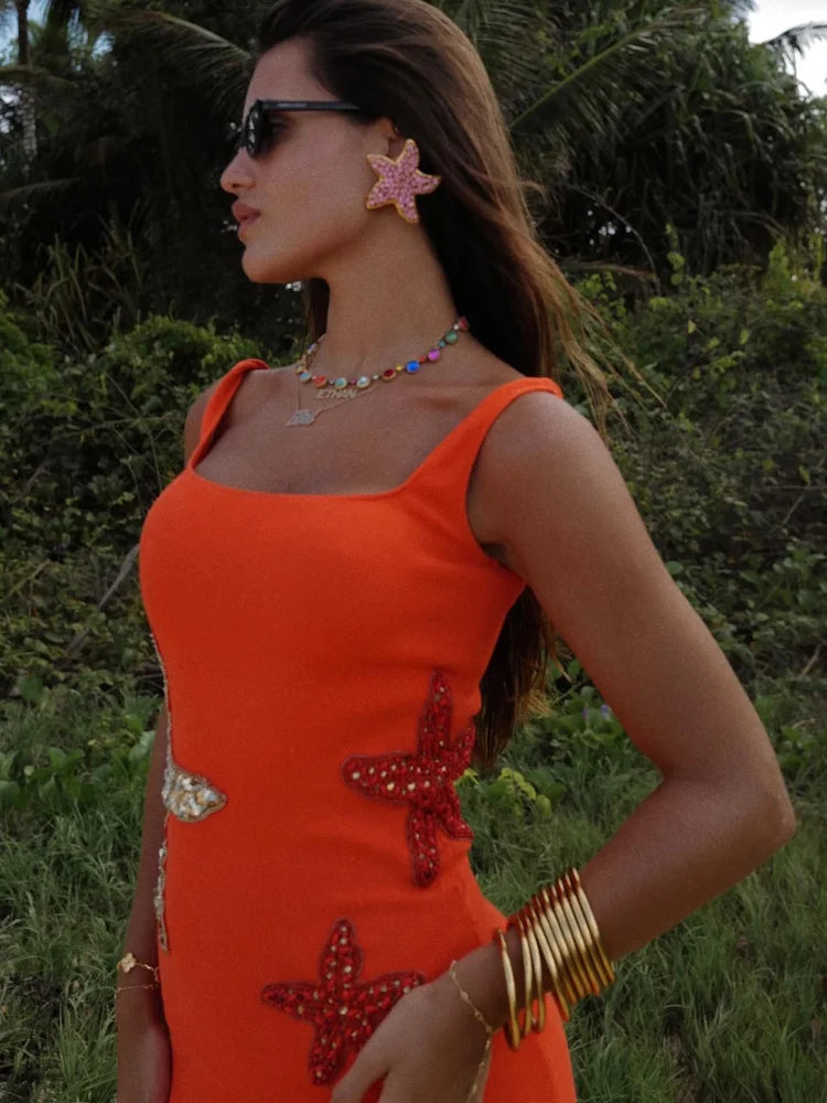 Sexy Orange Sequin Star Decor Mini Dress Women Fashion Backless