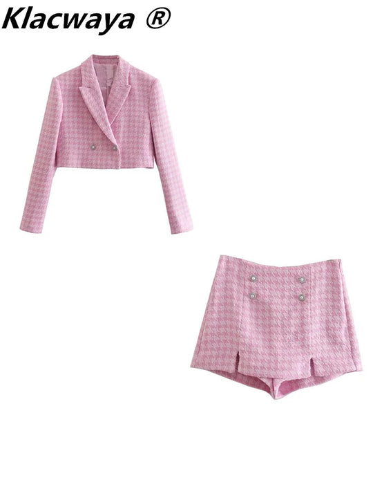 Klacwaya Tweed Set 2 Piece Chic Blazer Women Suit Shorts Sets Women