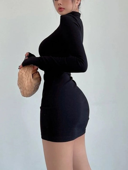 Turtleneck Long Sleeves Dresses Black Sexy Pleated Bodycon Mini Dress