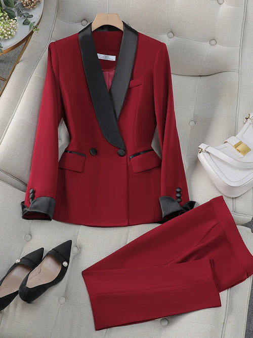 Elegant Red Black Women Pant Suit Office Ladies Female Business Work