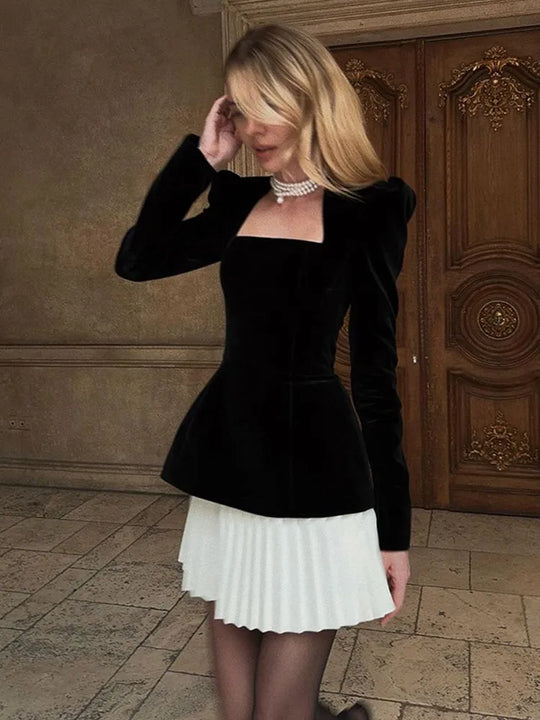 Elegant Solid Color Square Collar Full Sleeve Woman Mini Skirt Set