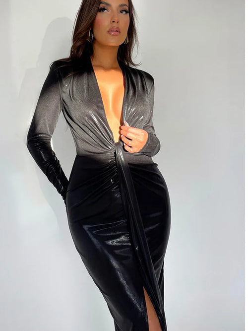 Articat Sexy Deep V Long Sleeve Lace Up Pleated Dress For Women