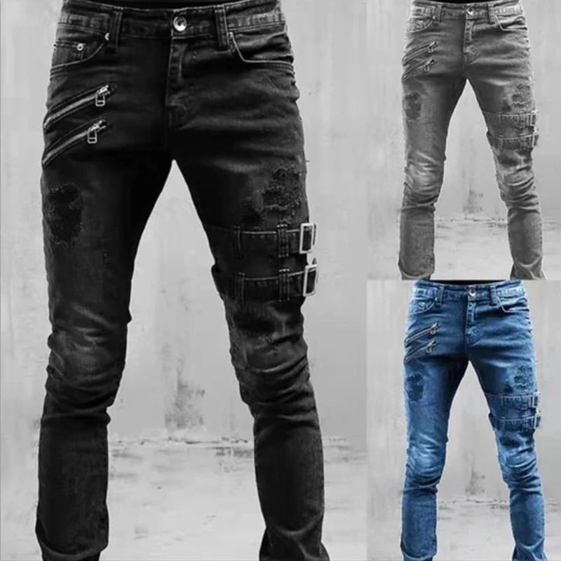 Street Skinny Ripped Jeans Men Denim Cargo Pants Wash Solid Color