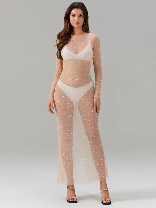 Sexy Women's Sheer Mesh Pearl Rhinestone Beach Cover Up Dress See