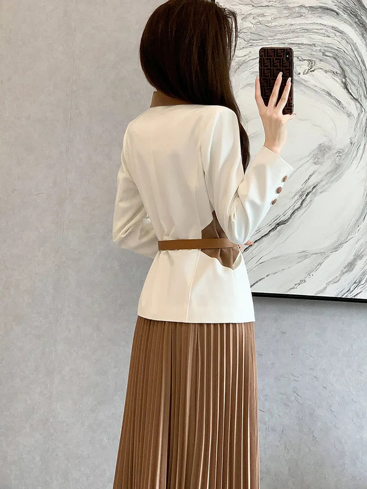Women Formal 2 Pieces Sets Korean Office Long Sleeve Blazer Coats Tops