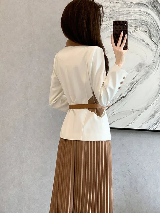 Women Formal 2 Pieces Sets Korean Office Long Sleeve Blazer Coats Tops