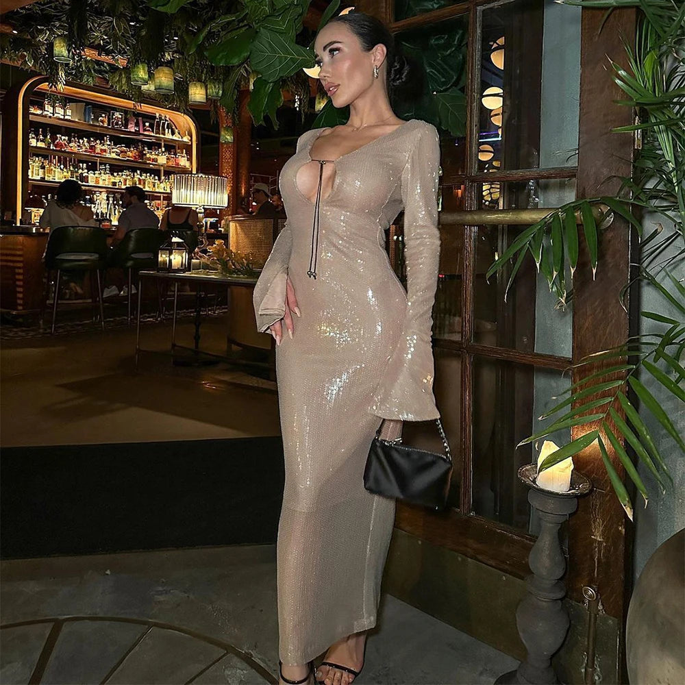 Elegant Lace Up Deep V Bandage Dress Long Sleeves Ankle Length Party