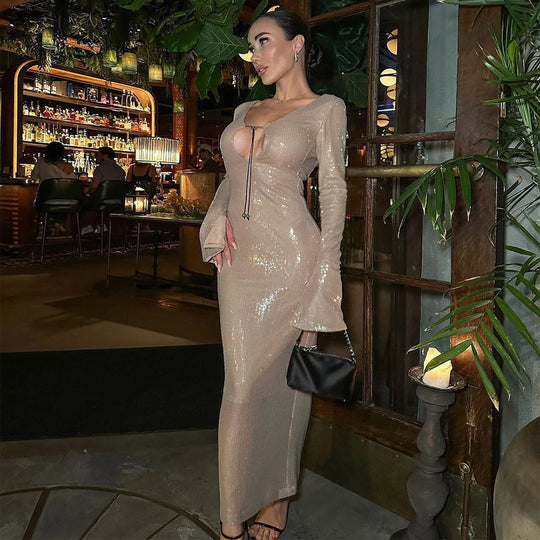 Elegant Lace Up Deep V Bandage Dress Long Sleeves Ankle Length Party