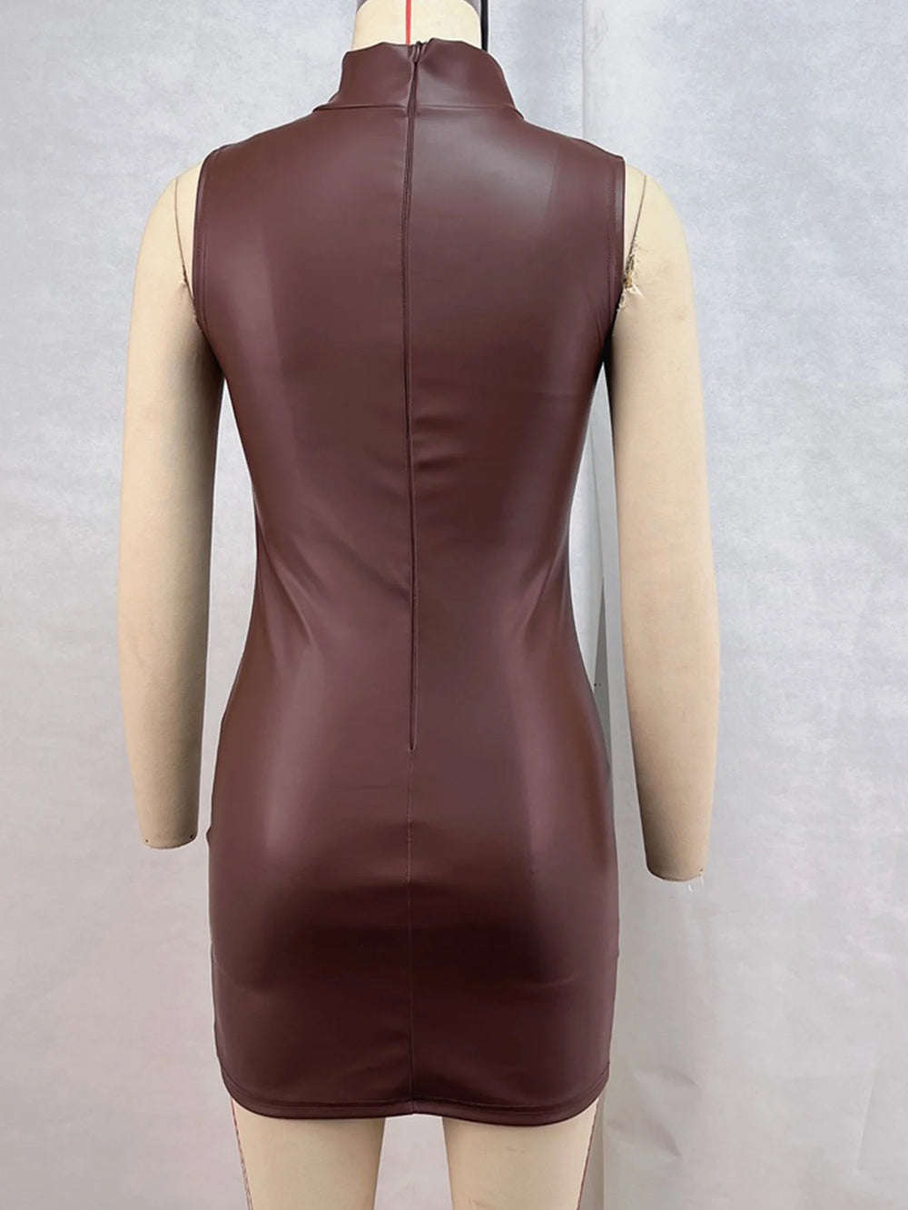 Sexy brown PU leather mini summer dress women clothing elegant bodycon