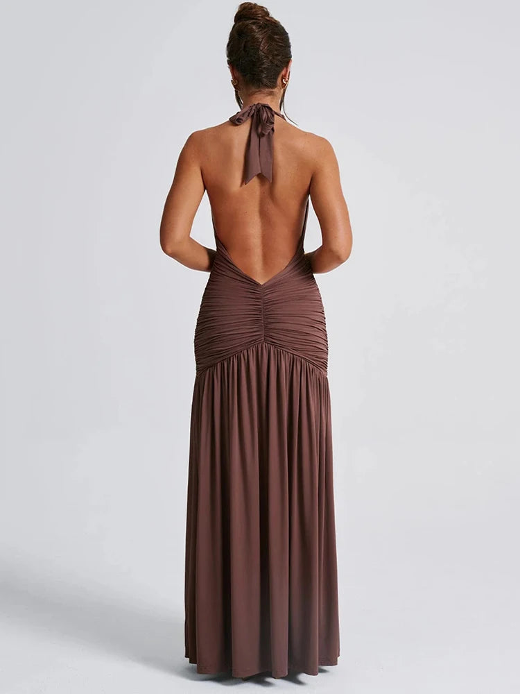 Mozision Halter Deep V Neck Backless Maxi Dress For Women Fashion