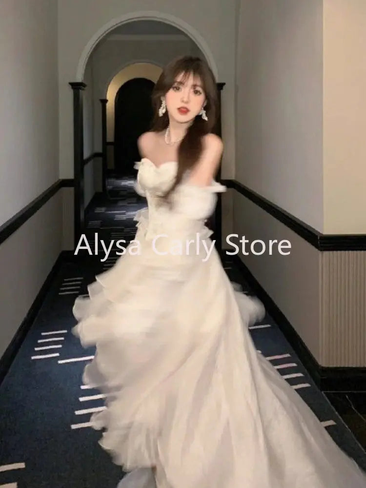 Elegant Ruffles Chic Fairy Dress Women White Sweet Korean Style
