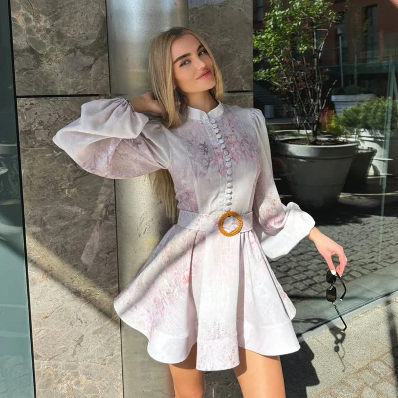 Elegant Women's Printed Dress Long Sleeve O-Neck Button Lady Dresses With Belt Summer Fashion Female Party Short Dress