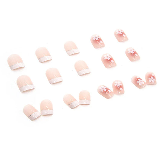 24pcs/set short saure fake nails for Spring summer season french style flowers butterfly design press on false nail art tips