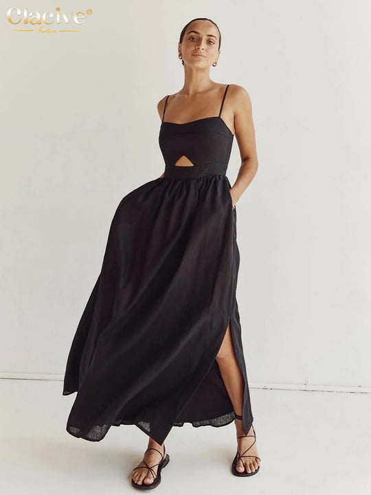 Clacive Sexy Loose Black Cotton Womens Dresses 2024 Summer Strap