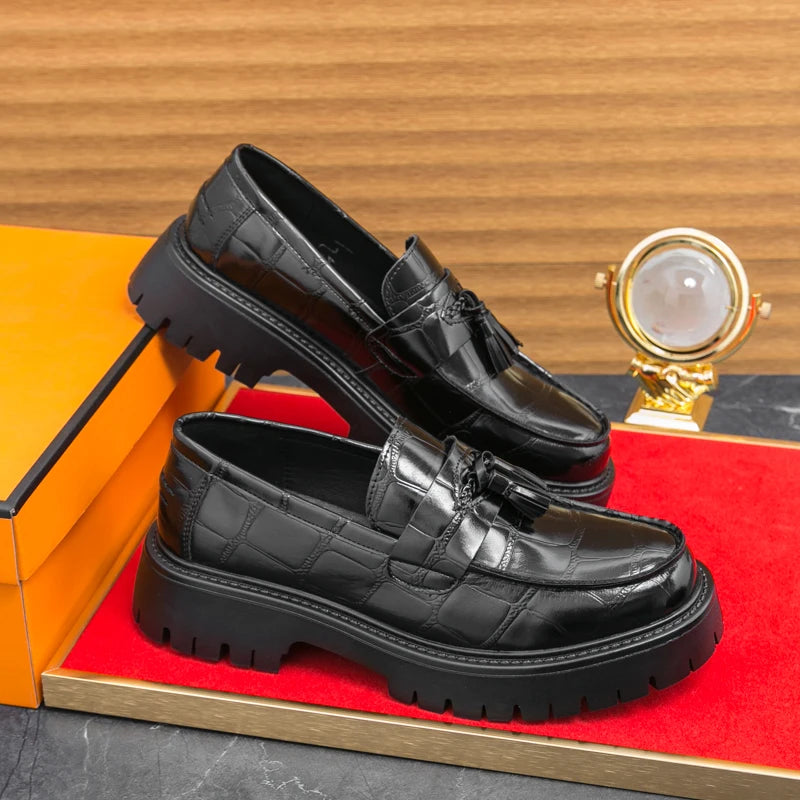 Business Tassel Loafers Shoes Slip on Casual Thick Bottom Leather Black Dress Party Shoes Boat Loafers For Man Fashion Moccasins