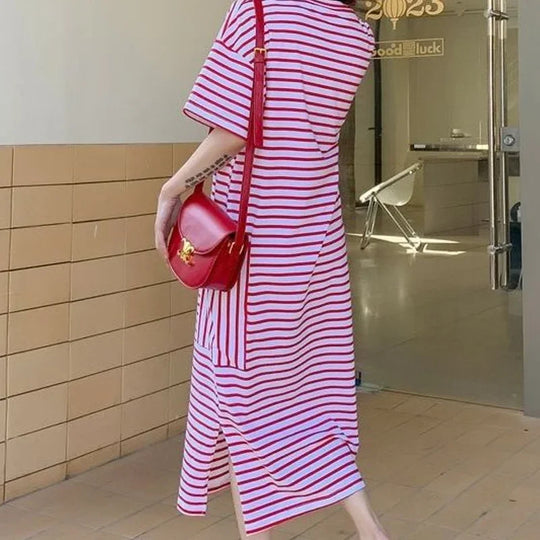 Summer New Round Neck Short Sleeve Loose Casual Tshirt Dress Women High Street Striped Patchwork Pocket All-match Maxi Dresses