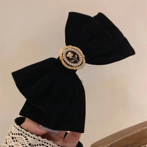 New Black Velvet Bow Hair Pins Elegant Fabric Alloy Roses Hair Clips