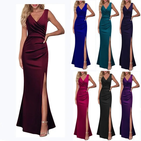 Summer Elegant Women's Sexy Sleeveless Slit Skirt Hot Wedding Long Dress Ladies Sling Backless Strap V-Neck Dress Female