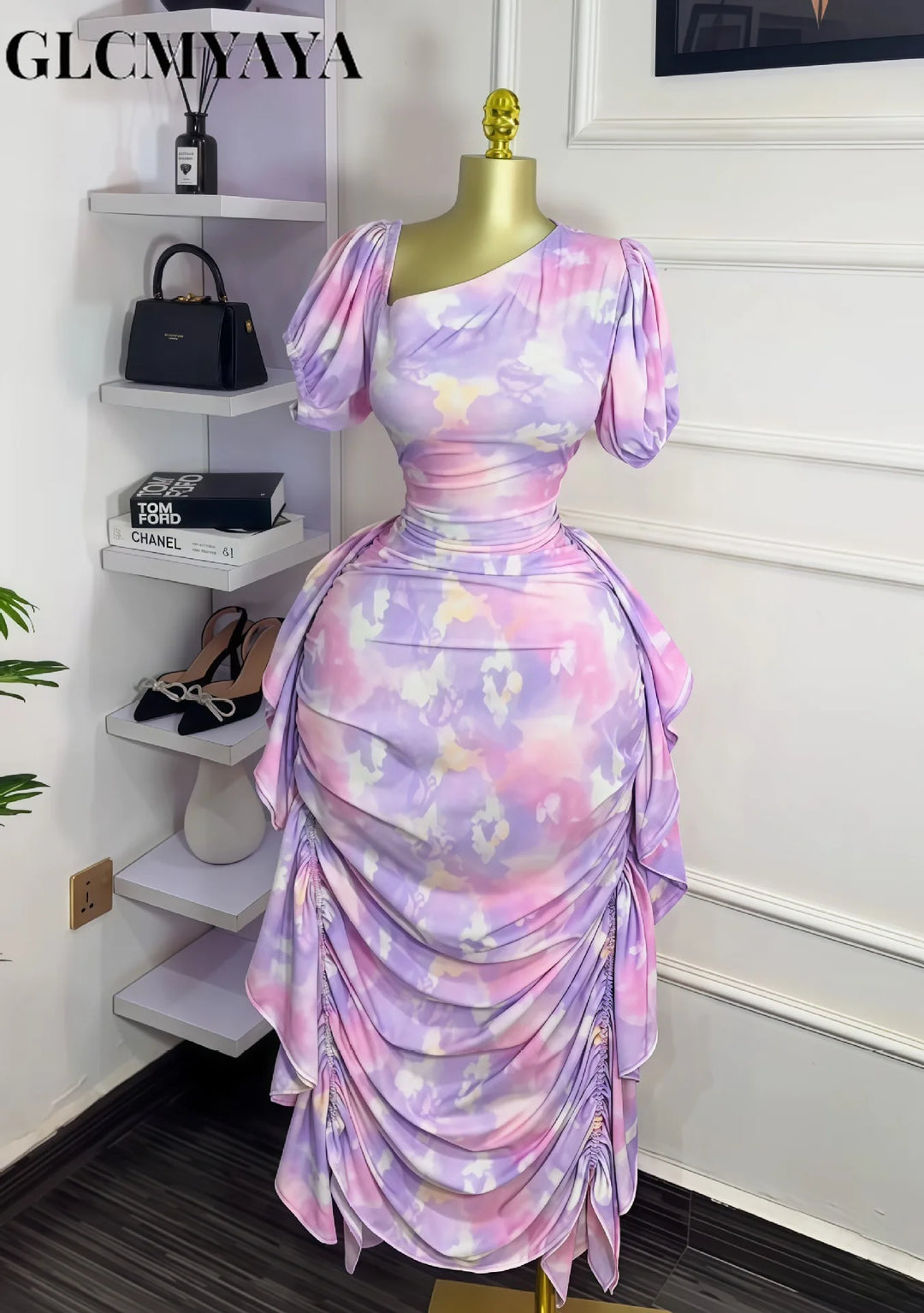 Women Tie Dye Printed Skew Neck Ruched Stacked Bodycon Midi Maxi Long Dress Vacation Holiday Sexy Vestidos Dresses