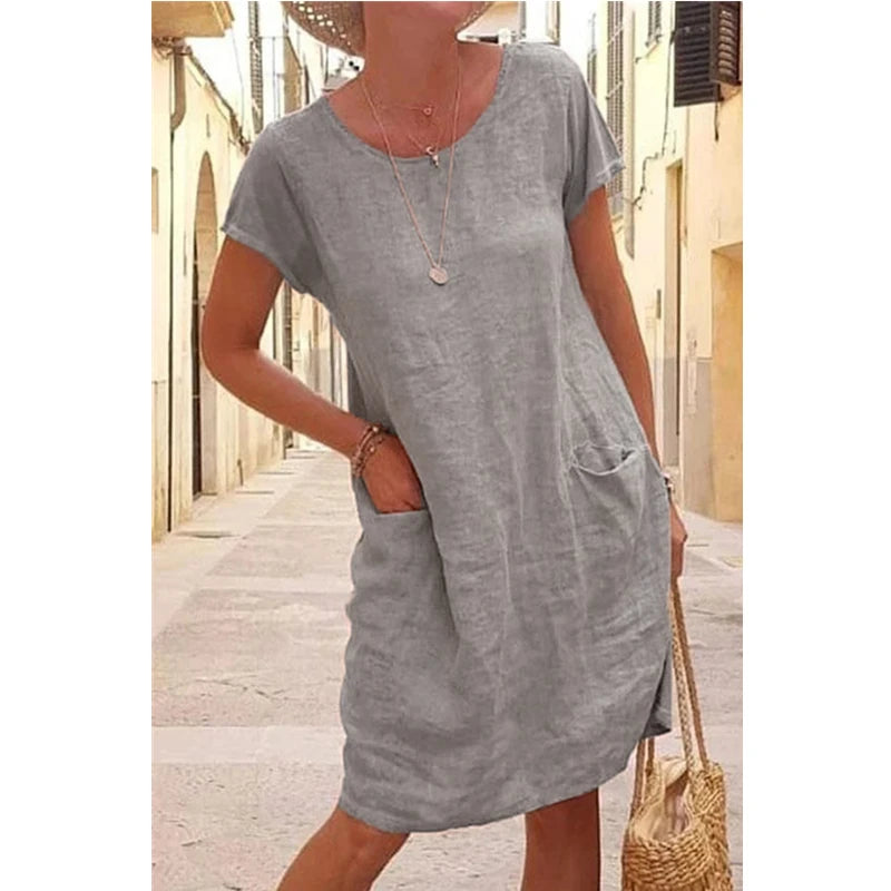 Elegant Women's Casual Dresses 2023 Summer Loose Solid Pocket Short Sleeve O Neck Cotton Linen Dress Lady Robe  Vestidos Mujer