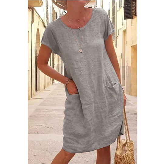 Elegant Women's Casual Dresses 2023 Summer Loose Solid Pocket Short Sleeve O Neck Cotton Linen Dress Lady Robe  Vestidos Mujer
