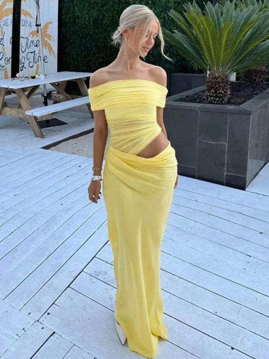 Elegant Yellow Holiday Beach Dresses for Women Sexy Slash Neck Mesh