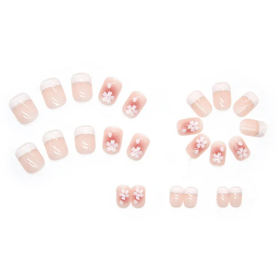 24pcs/set short saure fake nails for Spring summer season french style flowers butterfly design press on false nail art tips