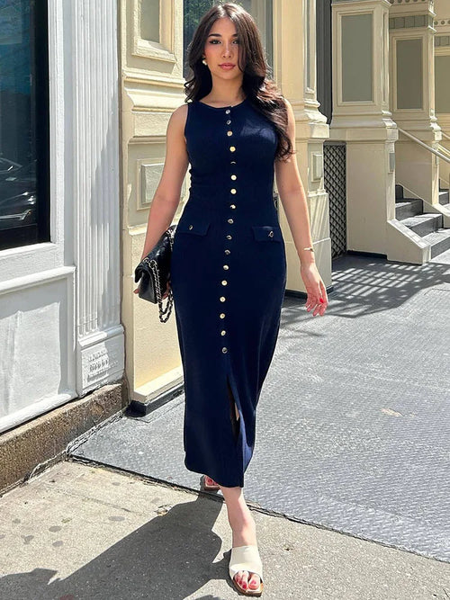 Knit Ribbed Cardigan Maxi Dress Female High Waist Slim Pocket
