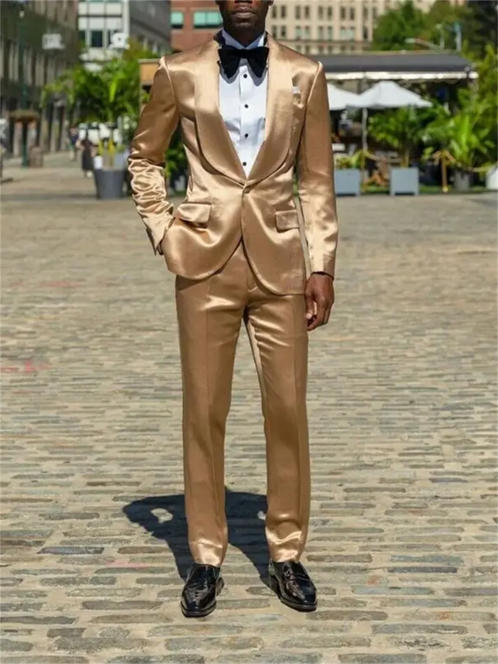 2 Pieces  Gold Silk Satin Men Suits Blazer Pants Groom Prom Party Wedding TuxedosCodtume Homme Mariage