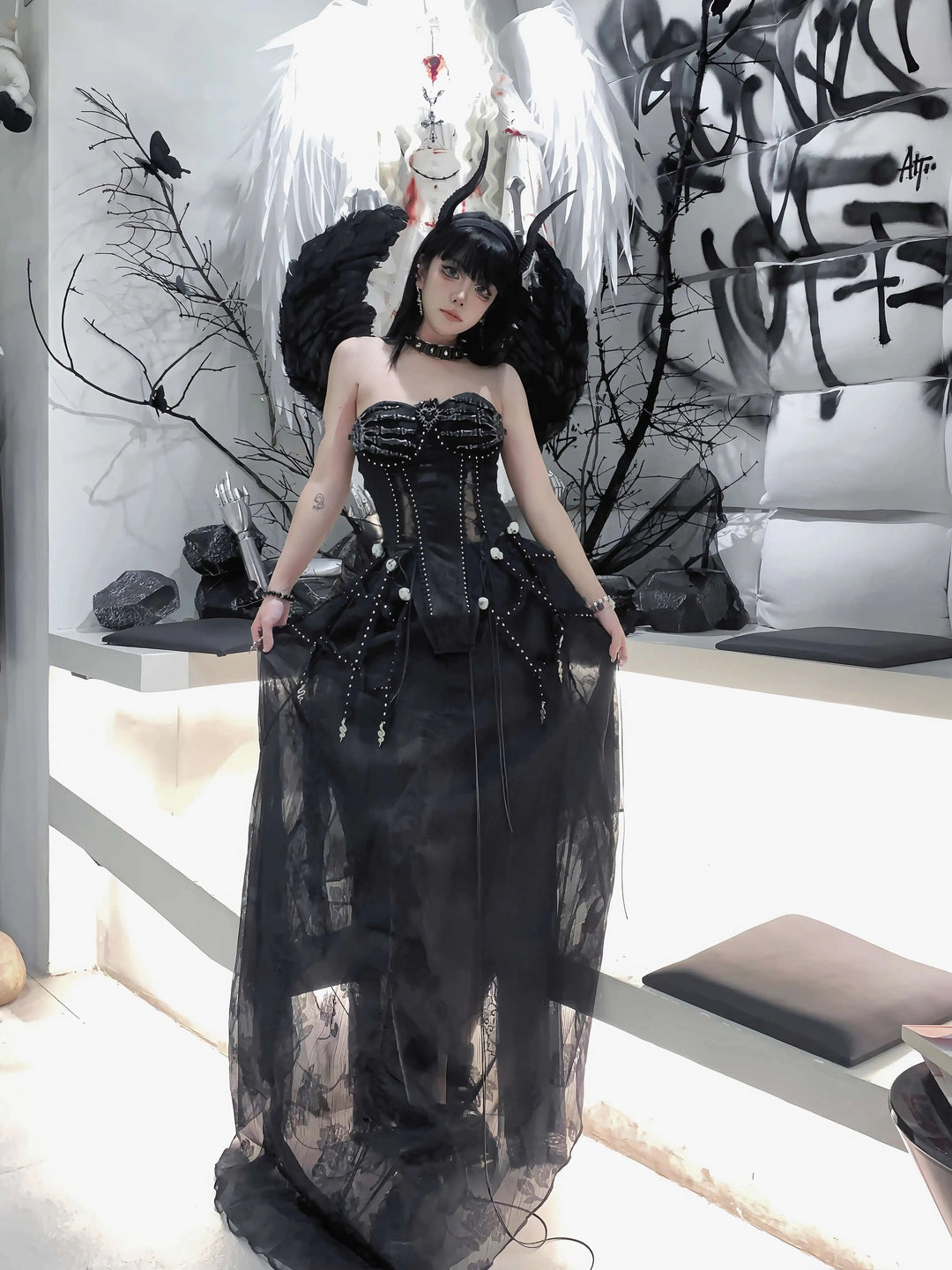 TDH Heavy Industries Handmade Pure Black Gothic Black Strap Drawstring Chest, Bird Cage, Affordable Bundle Body, Skincare Top