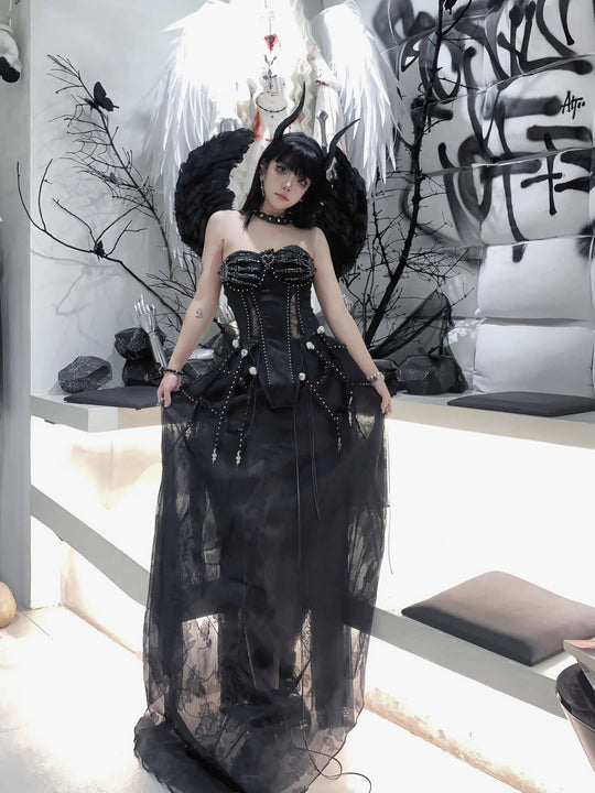 TDH Heavy Industries Handmade Pure Black Gothic Black Strap Drawstring Chest, Bird Cage, Affordable Bundle Body, Skincare Top