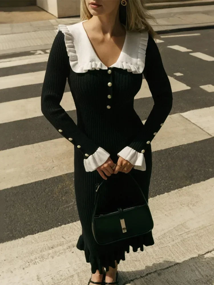 Tossy Ruffled Patchwork Knit Maxi Dress For Women Elegant Ribbed Long
