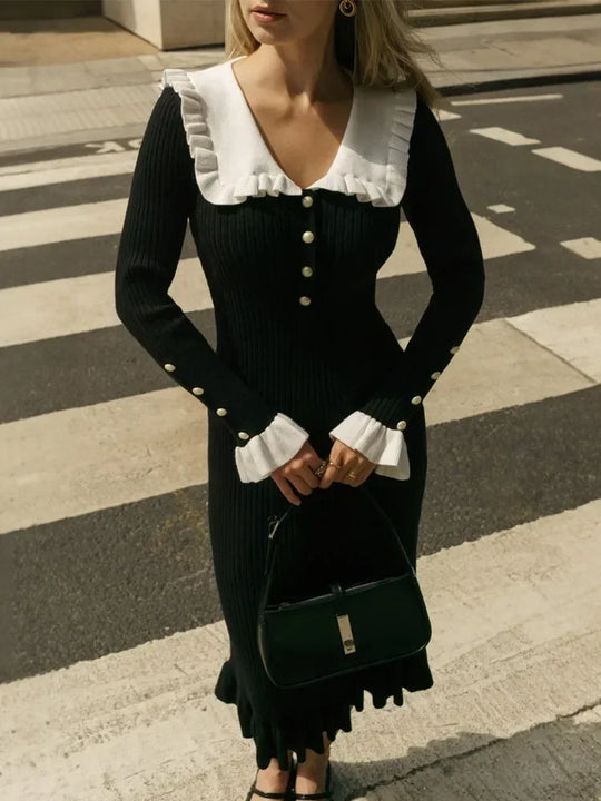 Tossy Ruffled Patchwork Knit Maxi Dress For Women Elegant Ribbed Long