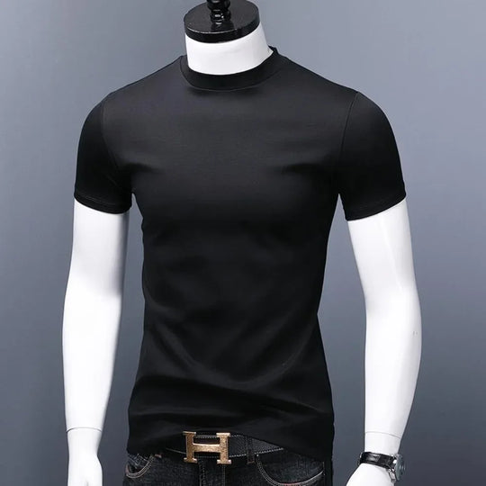 Men's Casual Turtleneck T-Shirts Short Sleeve Solid Slim Fit Silk High