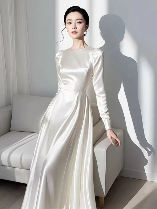 2024 Autumn Elegant Satin Women's Long Sleeve Dress Round Neck White