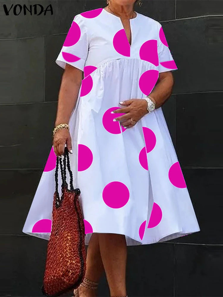 VONDA Plus Size 5XL Women Dress 2024 Summer Bohemian Polka Dot Maxi