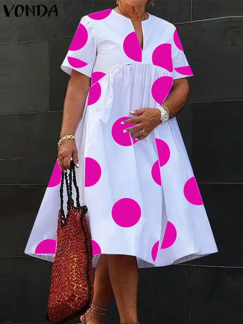 VONDA Plus Size 5XL Women Dress 2024 Summer Bohemian Polka Dot Maxi