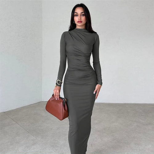 Cryptographic Autumn Elegant Ruched Long Bodycon Dress Fashion Outfits